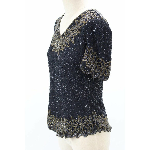 Stenay Beaded Silk Blouse Womens M Black Gold Cocktail Formal Party - Picture 4 of 12